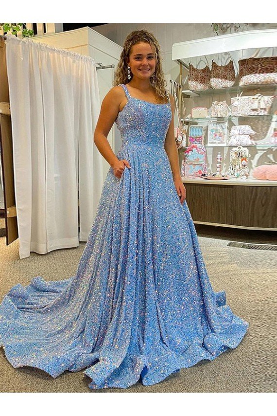 A-Line Scoop Sleeveless Long Court Train Velvet Sequin Prom Dress Essex