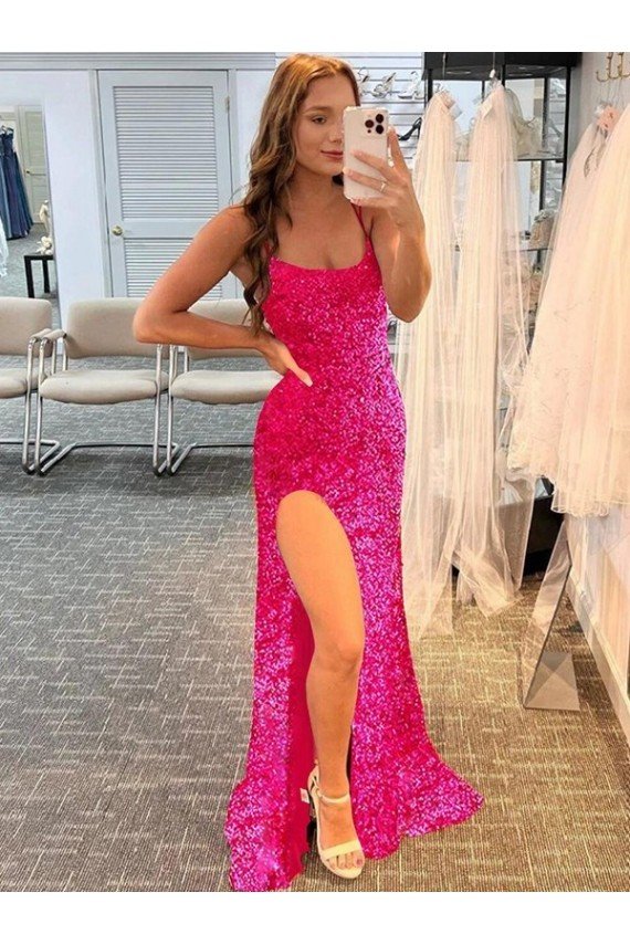 Spaghetti Straps Sleeveless Long Velvet Sequin Prom Dress with Slit and Criss Cross Open Back Essex