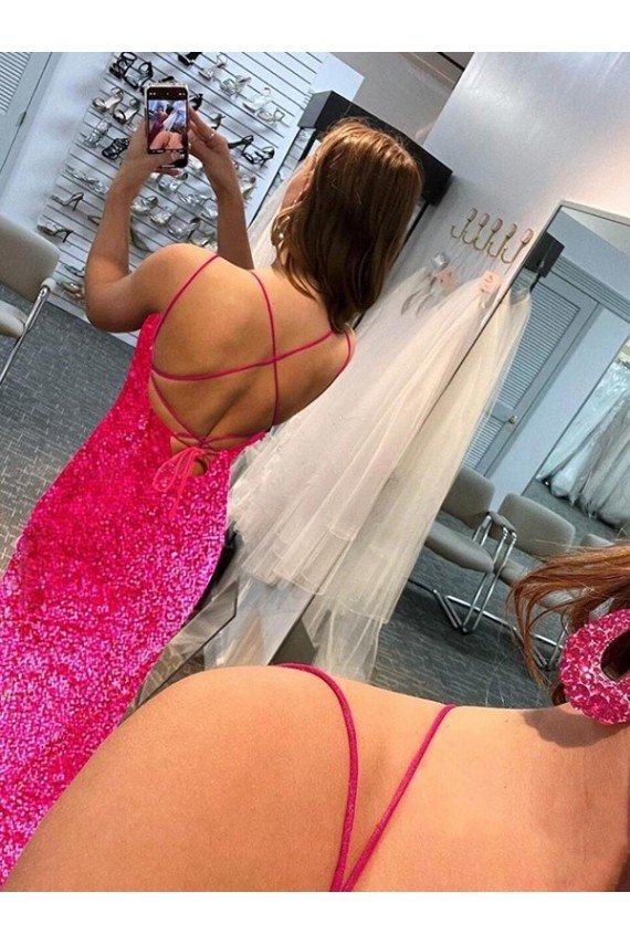 Spaghetti Straps Sleeveless Long Velvet Sequin Prom Dress with Slit and Criss Cross Open Back Essex