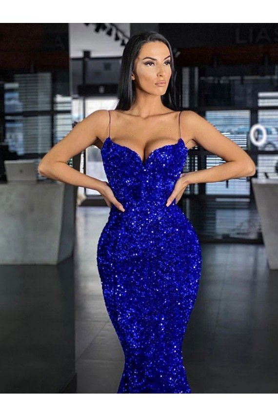 Mermaid Spaghetti Straps Sleeveless Long Sweep Train Velvet Sequin Prom Dress Essex