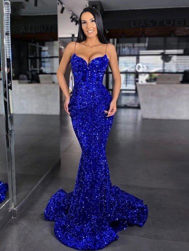 Mermaid Spaghetti Straps Sleeveless Long Sweep Train Velvet Sequin Prom Dress Essex