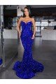 Mermaid Spaghetti Straps Sleeveless Long Sweep Train Velvet Sequin Prom Dress Essex