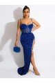 Long Sweep Train Spaghetti Straps Sleeveless Velvet Sequin Prom Dress with Slit Essex