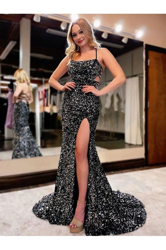 Spaghetti Straps Sleeveless Long Sweep Train Velvet Sequin Prom Dress Essex