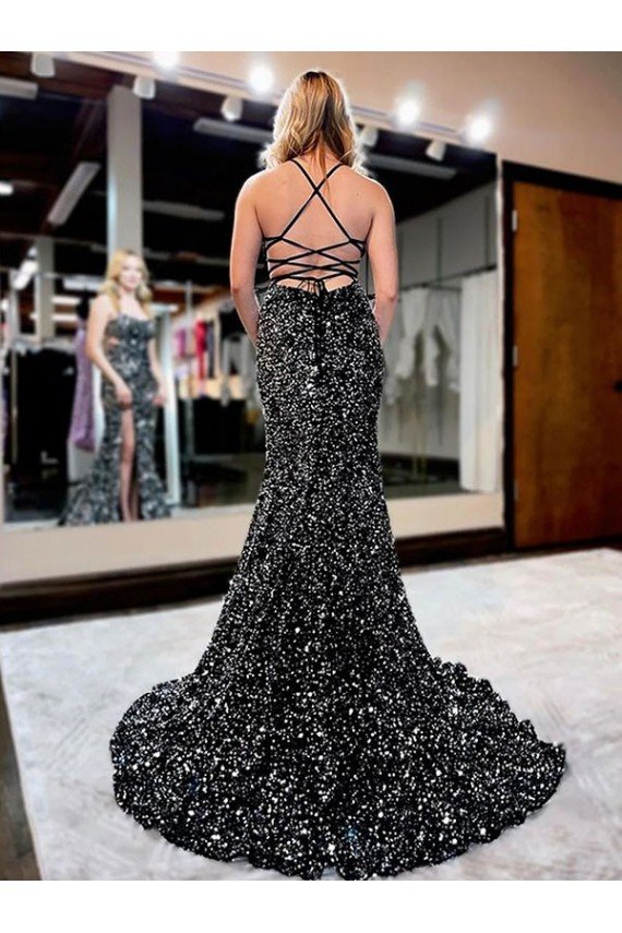 Spaghetti Straps Sleeveless Long Sweep Train Velvet Sequin Prom Dress Essex