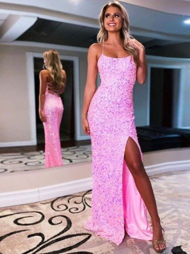 Spaghetti Straps Sleeveless Long Sweep Train Velvet Sequin Prom Dress with Slit Essex