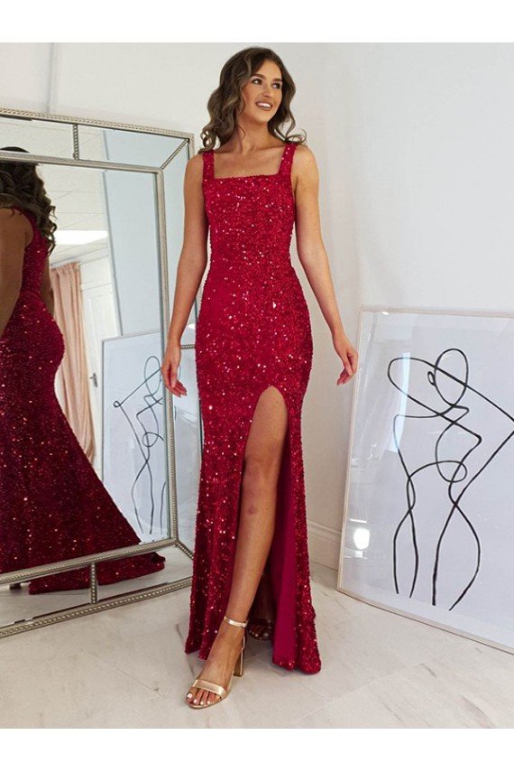 Square Neck Sleeveless Long Velvet Sequin Prom Dress with Slit Essex