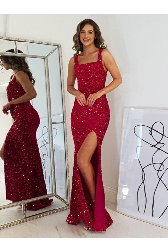 Square Neck Sleeveless Long Velvet Sequin Prom Dress with Slit Essex
