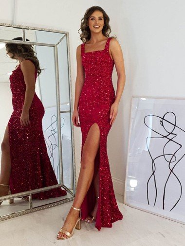 Square Neck Sleeveless Long Velvet Sequin Prom Dress with Slit Essex
