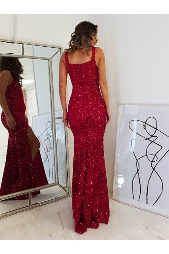 Square Neck Sleeveless Long Velvet Sequin Prom Dress with Slit Essex