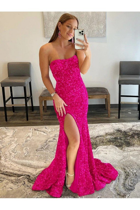 Strapless Sleeveless Long Sweep Train Velvet Sequin Prom Dress with Side Slit Essex