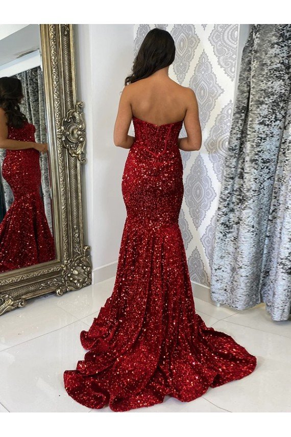 Sweetheart Sleeveless Long Court Train Velvet Sequin Prom Dress Essex