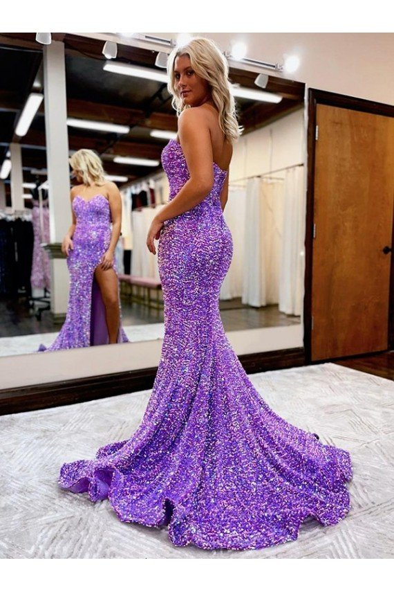 A-Line Sweetheart Sleeveless Long Velvet Sequin Prom Dress with Slit Essex