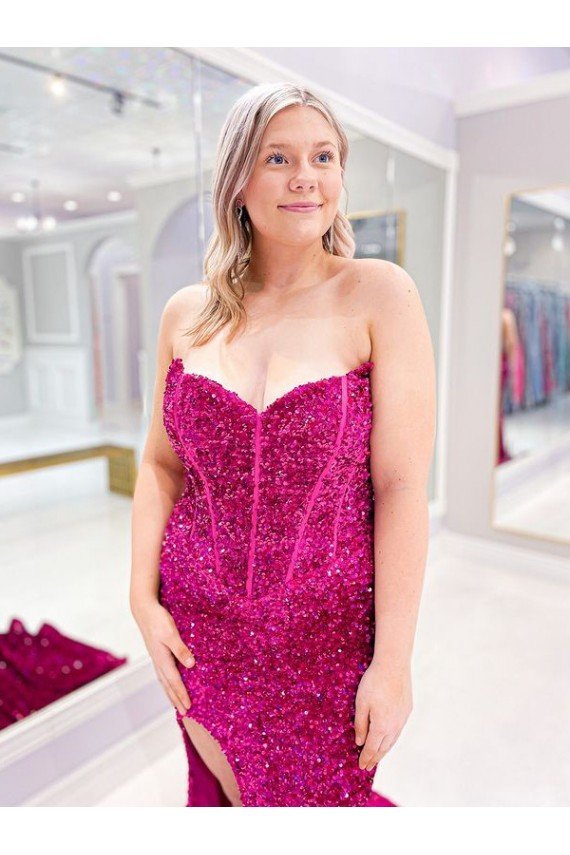 Long Sweetheart Sleeveless Sweep Train Velvet Sequin Prom Dress with Slit Essex