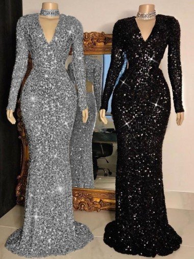 V-Neck Long Sleeves Long Sweep Train Velvet Sequin Prom Dress Essex