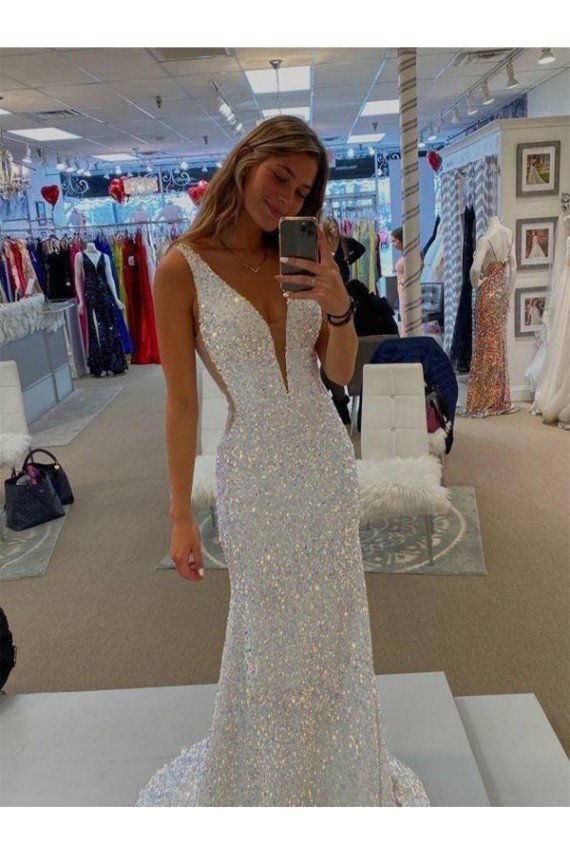 V-Neck Sleeveless Long Velvet Sequin Prom Dress with Sweep Train Essex