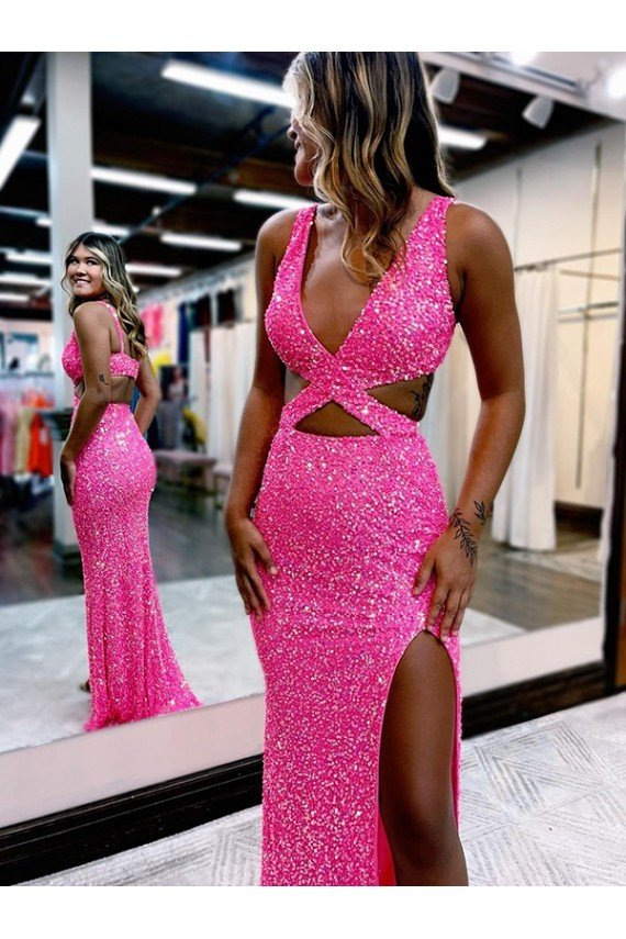 Long V-Neck Sleeveless Sweep Train Velvet Sequin Prom Dress with High Slit Essex