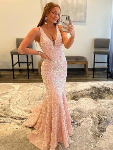 Deep V-Neck Sleeveless Long Low Back Velvet Sequin Prom Dress Essex