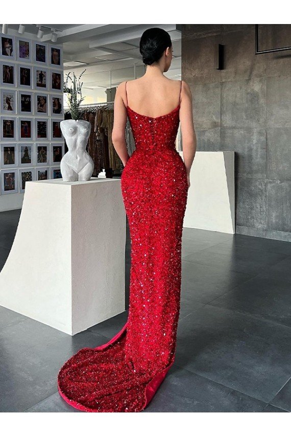 V-Neck Sleeveless Long Sweep Train Velvet Sequin Prom Dress with High Side Slit Essex