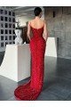 V-Neck Sleeveless Long Sweep Train Velvet Sequin Prom Dress with High Side Slit Essex
