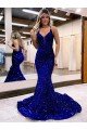 Mermaid V-Neck Sleeveless Long Court Train Velvet Sequin Prom Dress Essex