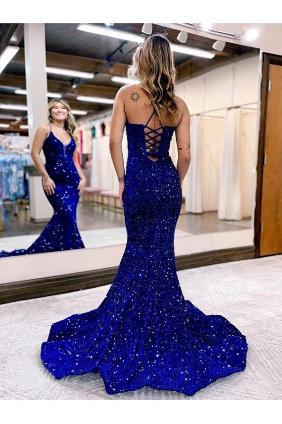 Mermaid V-Neck Sleeveless Long Court Train Velvet Sequin Prom Dress Essex