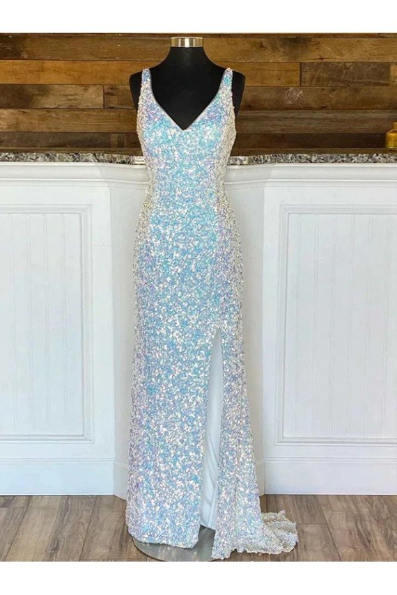 V-Neck Sleeveless Long Sweep Train Velvet Sequin Prom Dress Essex