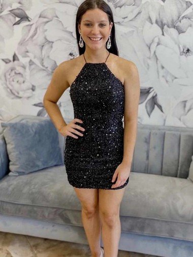 Halter Sleeveless Short Velvet Sequin Prom Dress Essex