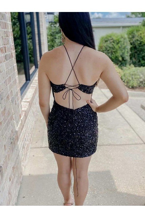 Halter Sleeveless Short Velvet Sequin Prom Dress Essex