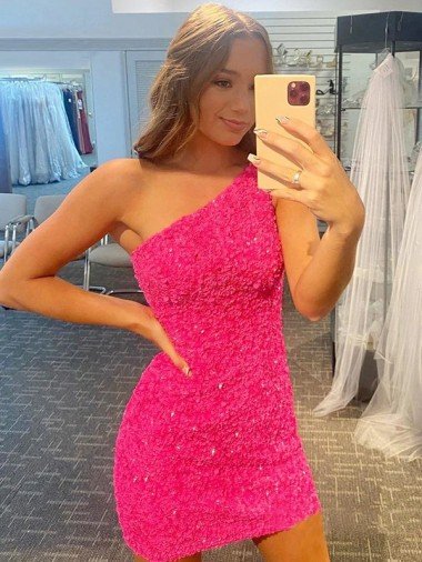 Short One Shoulder Sleeveless Velvet Sequin Prom Dress Essex