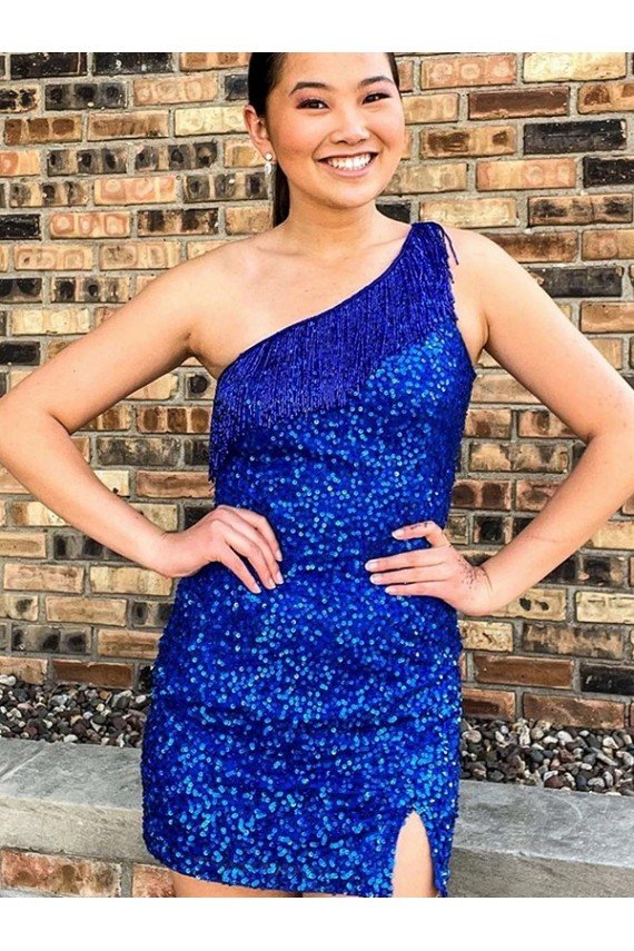 One Shoulder Sleeveless Short Velvet Sequin Royal Blue Prom Dress Essex