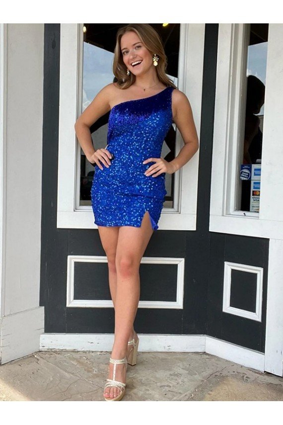 One Shoulder Sleeveless Short Velvet Sequin Royal Blue Prom Dress Essex