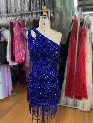 One Shoulder Keyhole Sleeveless Short Velvet Sequin Prom Dress Essex