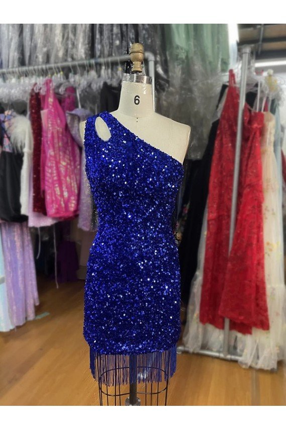 One Shoulder Keyhole Sleeveless Short Velvet Sequin Prom Dress Essex