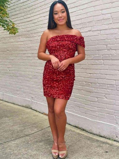 Short One Shoulder Sleeveless Velvet Sequin Cocktail Prom Dress Essex