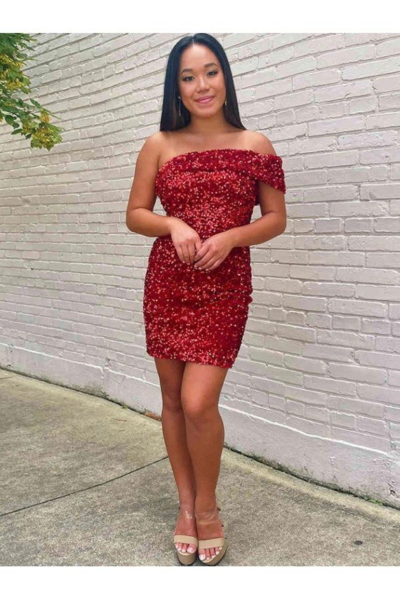 Short One Shoulder Sleeveless Velvet Sequin Cocktail Prom Dress Essex