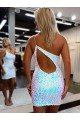 One Shoulder Keyhole Back Sleeveless Short Velvet Sequin Prom Dress Essex