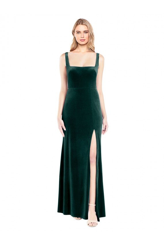 Square Neck Full Length Velvet Bridesmaid Dress / Prom Dress with Side Slit Essex