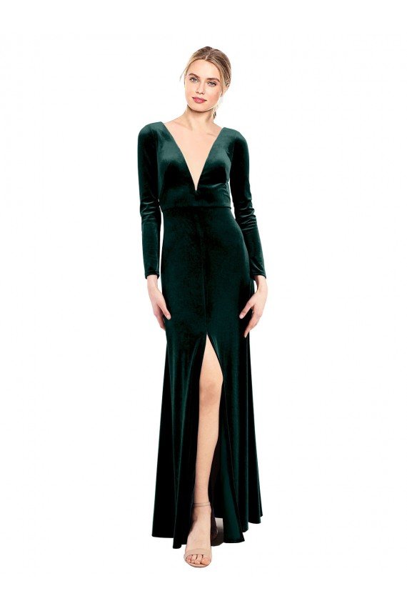 Plunging V-Neckline Long Sleeves Open Back Velvet Bridesmaid Dress / Prom Dress Essex