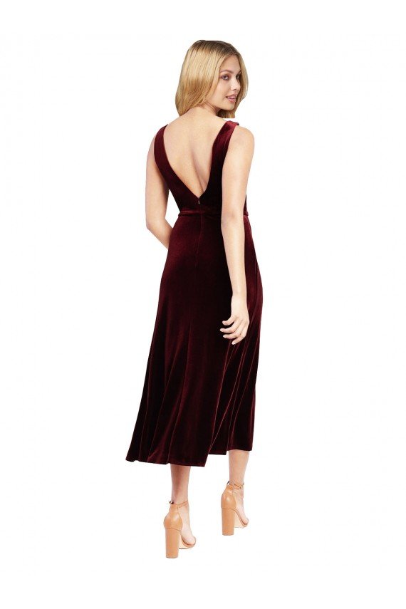 Daring Plunging V-Neckline Short Midi Cocktail Length Velvet Bridesmaid Dress / Prom Dress Essex