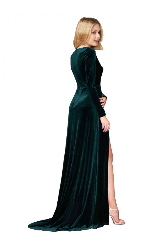 Deep V-Neck Long Sleeves Formal Velvet Bridesmaid Dress / Prom Dress with High Side Split Essex