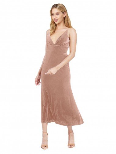 Midi Cocktail Length Short V-Neck Velvet Bridesmaid Dress / Prom Dress with Notched Neckline Essex