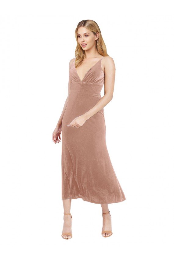 Midi Cocktail Length Short V-Neck Velvet Bridesmaid Dress / Prom Dress with Notched Neckline Essex