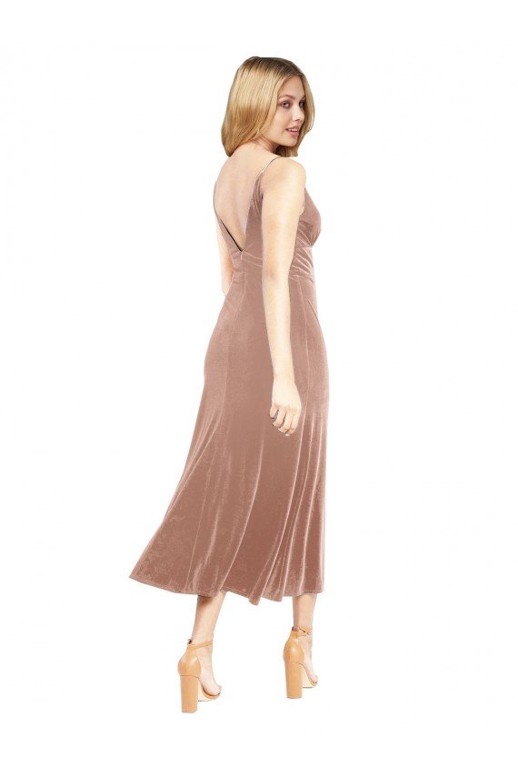 Midi Cocktail Length Short V-Neck Velvet Bridesmaid Dress / Prom Dress with Notched Neckline Essex