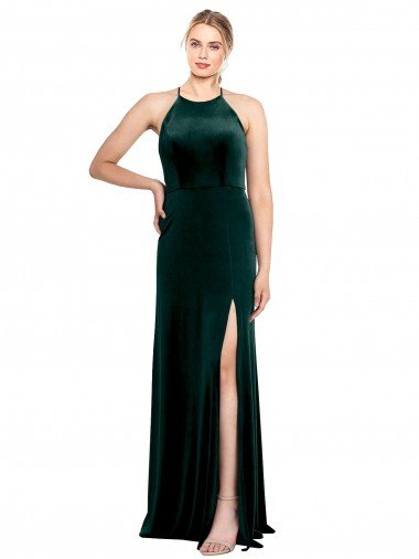 Long Jewel Neck Full Length Velvet Bridesmaid Dress / Prom Dress with Side Slit Essex