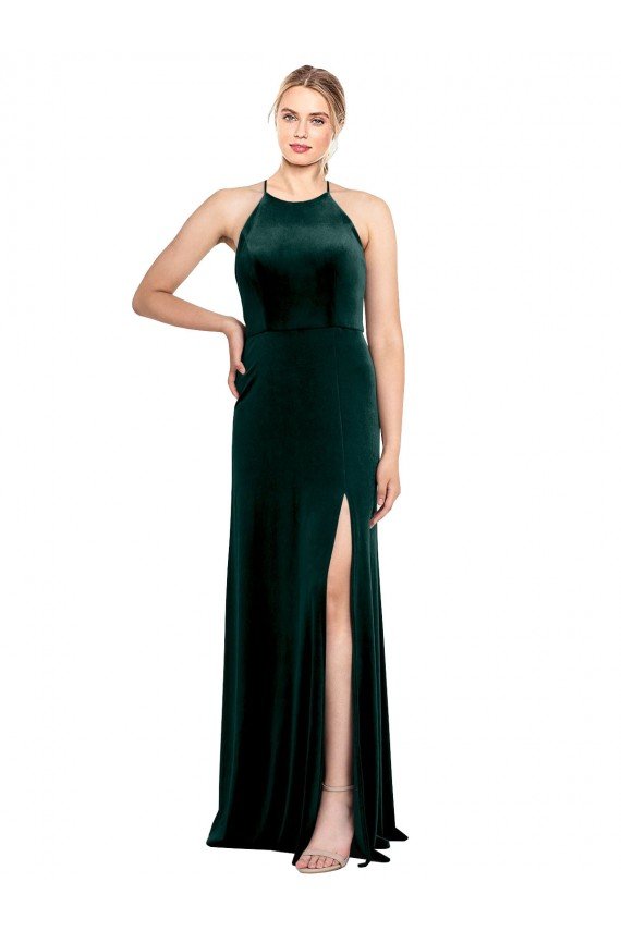 Long Jewel Neck Full Length Velvet Bridesmaid Dress / Prom Dress with Side Slit Essex