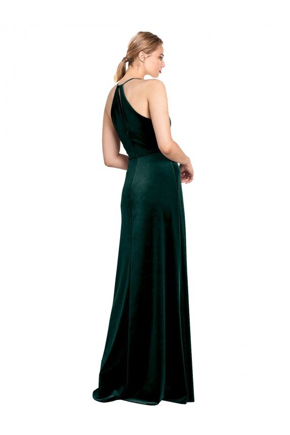 Long Jewel Neck Full Length Velvet Bridesmaid Dress / Prom Dress with Side Slit Essex