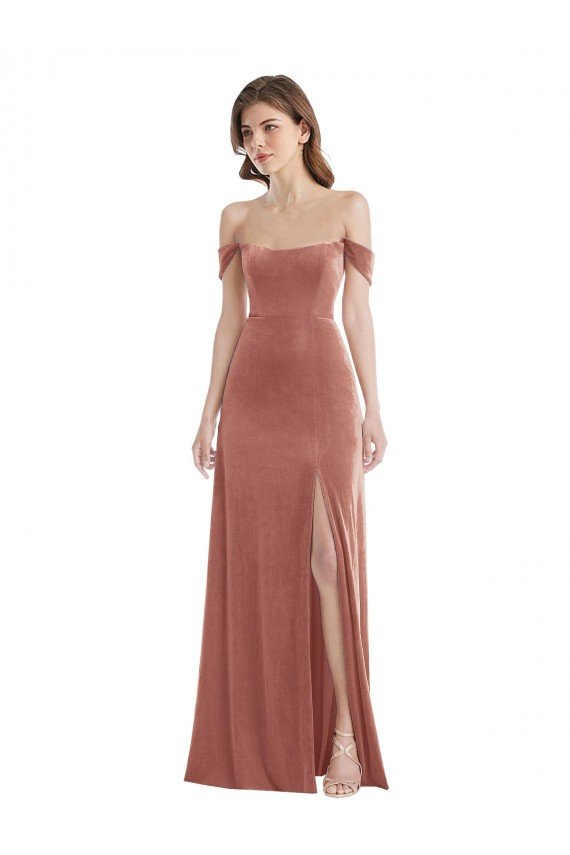 Off the Shoulder Flounce Sleeve Velvet Maxi Bridesmaid Dress / Prom Dress with Pockets Essex
