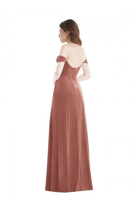 Off the Shoulder Flounce Sleeve Velvet Maxi Bridesmaid Dress / Prom Dress with Pockets Essex