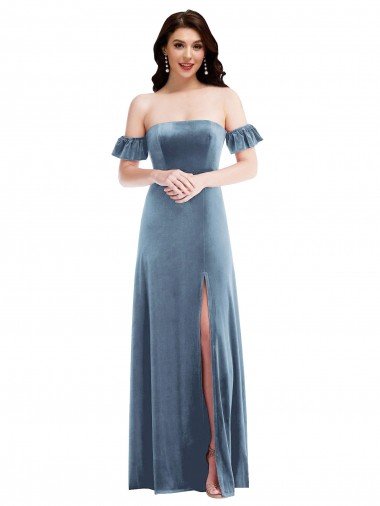 Ruffle Sleeve Off the Shoulder Velvet Maxi Bridesmaid Dress / Prom Dress Essex